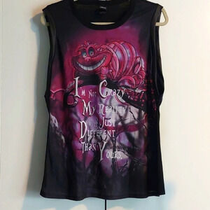 Disney Alice in Wonderland Cheshire Cat leather trim Graphic Sleevless Shirt L